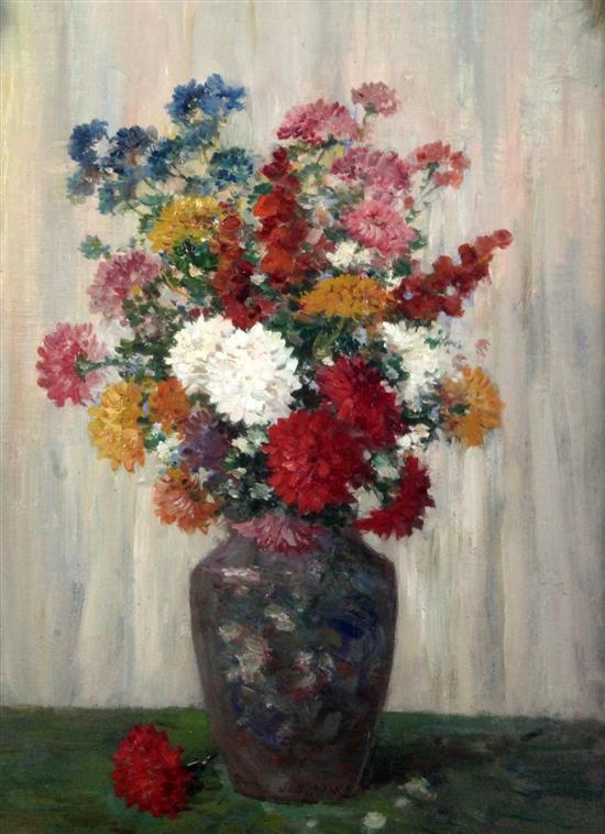 § Camille Matisse (French, 19/20th C.) Still life of chrysanthemums in a vase, 15.5 x 12in.